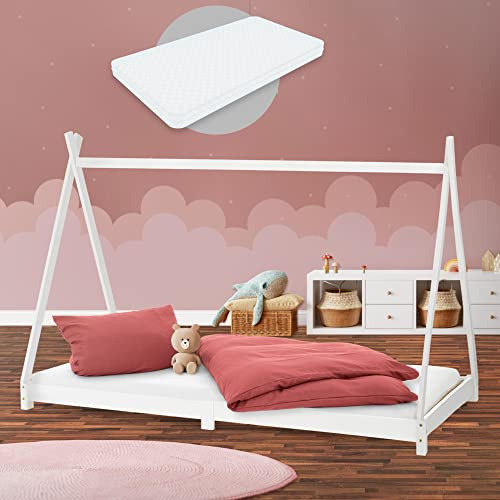 ML-Design Kinderbett Tipi 90x200 cm Weiß mit Matratze H:10cm, Lattenrost, Indianer Bett aus Kiefernholz, Hausbett für Mädchen/Jungen, Bodenbett Kinderhaus Jugendbett Holzbett Bettenhaus Spielbett Zelt