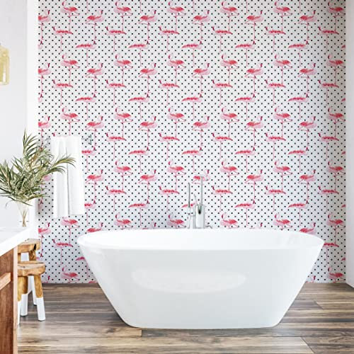 ABAKUHAUS Retro abziehbare & klebbare Tapete für Zuhause, Flamingo Vögel Tupfen, selbstklebendes Wohnzimmer Küchenakzent, 33 cm x 180 cm, Pale Pink Weiß