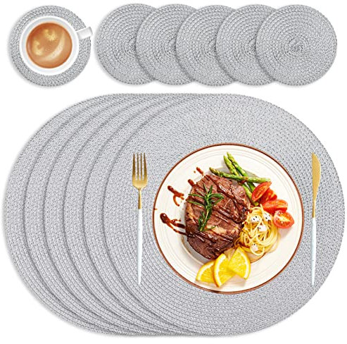 HEYOMART Runde Tischsets Platzsets Abwaschbar 6er Set Tischset Rund mit Untersetzer, 34cm Platzdeckchen Platzset Rund Platzteller rutschfest Hitzebeständig für Küche Hochzeit Weihnacht -Platzset Grau