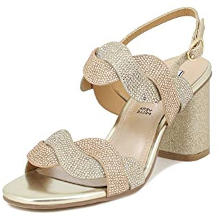 QUEEN HELENA Sandali Eleganti con Tacco Medio Largo con Strass Donna ZM9010 (Oro, numeric_38)