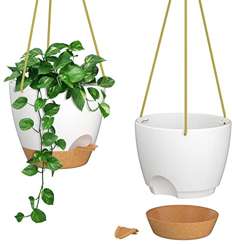 ZMTECH Paquete De 2 Macetas Colgantes De 20cm con Labio De Riego Maceta De Riego Automático con Agujeros De Drenaje y Plato Extraíble Maceta De Plástico para Plantas De Interior y Exterior (Blanco)