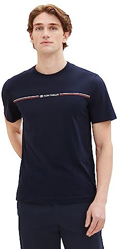 TOM TAILOR Herren T-Shirt mit Streifen-Print & Logo, 10668 - Sky Captain Blue, XXL