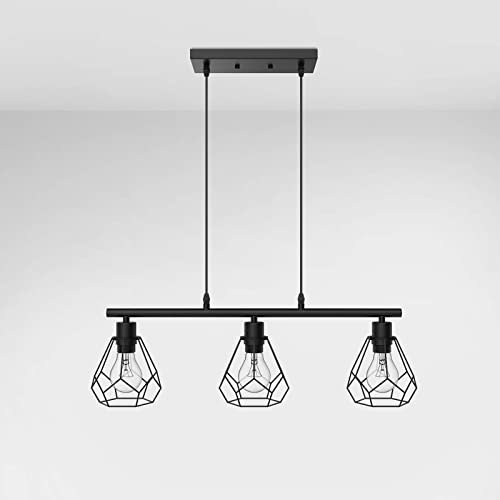 EMKE Pendelleuchte Hängelampe Schwarz, 3 flammige Vintage Pendellampe, Hängeleuchte Lampenfassung E27 Lampen, Industrial Esszimmerlampe Wohnzimmerlampe Küchenlampe