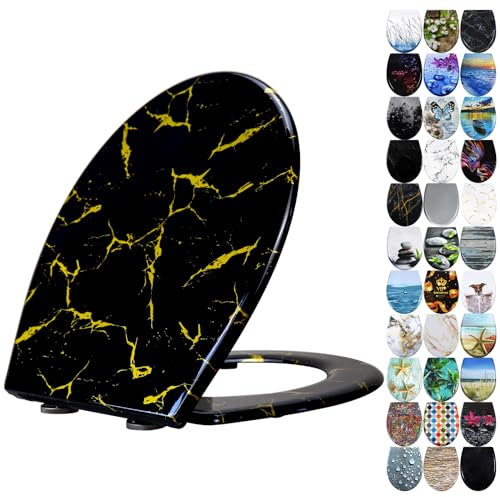 Fanmitrk Duroplast Toilet Seat Soft Close Black Color with Gold Dust Glitter Effect