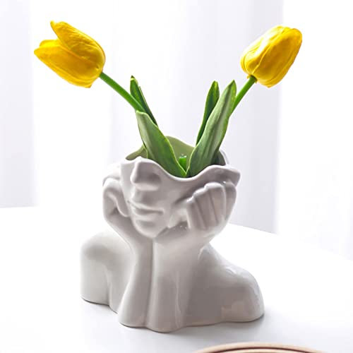 Vase Céramique à Fleurs Blanc, Tête Fait à La Main, Décoration de La Maison et Table, Moderne Minimaliste Déco Blanc Végétarien Pot de Fleur Pour Maison, Mariage (Style A)
