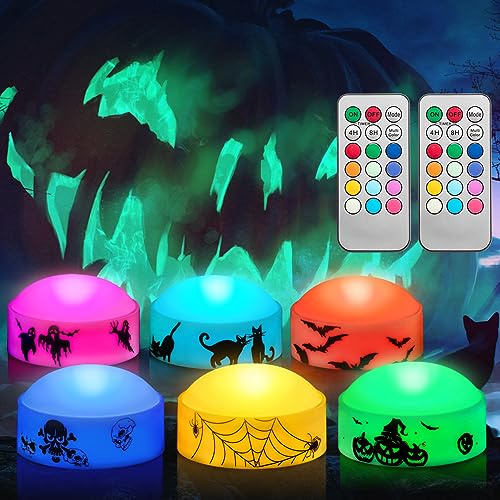 CANDLE IDEA 6 PCS Color Changing Halloween LED Pumpkin Lights with Remote and Timer, Battery Operated Printed Jack-O-Lantern 12 Colors Ghost Cat Skull, Flameless Candles Halloween Decor