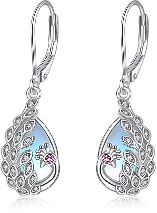 POPLYKE Pfau Drop Dangle Ohrringe für Frauen Sterling Silber Mondstein Ohrringe Pfau Vogel Feder Schmuck