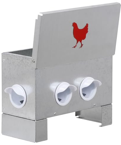 BUYYAH Automatischer Hühner-Futterspender, 13,6 kg, 4 Anschlüsse, verzinktes Metall, kein Abfall, wasserdicht, geeignet für Huhn, Gänse, Enten, Truthähne und Wachteln