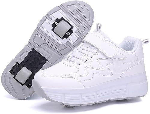 Schuhe mit Rollen für Jungen und Mädchen, Einziehbare Hinterräder Skateboardschuhe, Sportschuhe, Turnschuhe, Kinder und Erwachsene, 2-in-1-Multifunktionsrollschuhe mit 2 Rädern,Weiß-42 EU