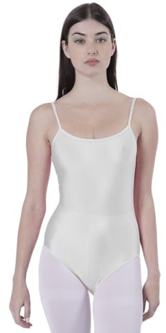 Carnavalife Body für Tanz, Ballett, Gymnastik, Damen, ärmellos, mit Rundhalsausschnitt und Rückenabdeckung, nicht transparent, eng anliegend, für Tanz, weiß, 36