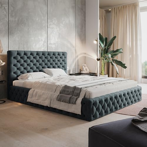 MOTIVENA Dalia Chesterfield Polsterbett 160x200 mit Bettkasten, Chesterfield Bett 160x200 mit Stauraum, Bett Kopfteil Samt, ohne Matratze, Bett Samt, Polsterbett 160x200 Grau Anthrazit