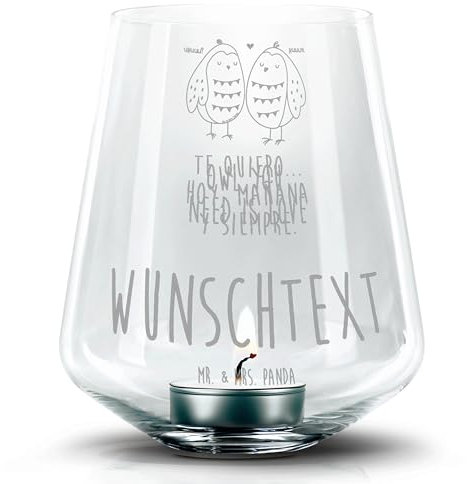 Mr. & Mrs. Panda Personalisiertes Gravur Windlicht Eulen Liebe - Personalisierte Geschenke, Kerze mit Namen, Personalisierte Kerzenglas mit Gravur,