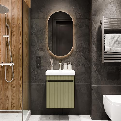Planetmöbel Cosmia Set di mobili da bagno Lavabo con mobiletto sottostante 50 x 60 x 35 cm Verde Menta, Specchio con illuminazione 50 cm, Rubinetto per bagno Gold Brush, Lavandino in ceramica con