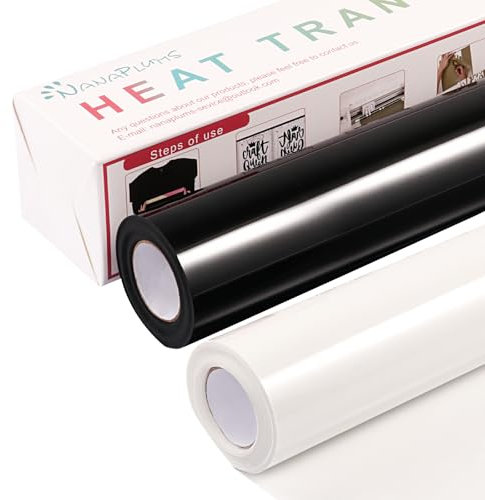 NANAPLUMS Plotterfolie Textil, 30.5cm×4m Flexfolie Plotter Textil, 1 Rolle Weiß und 1 Rolle Schwarz Bügelfolie für Textilien Transferfolie zum Aufbügeln für DIY T-Shirt, Stoffe(Weiß und Schwarz)