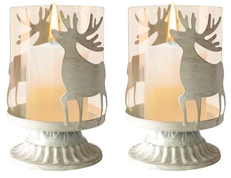 GOEDCH Vintage Metal Deer Pillar Candle Holders: 2 Piezas Set Retro Candeleros Portavelas Blanco, Sostenedor de Candelabro Tallado Retro para Mesa de Comedor Chimenea Mantel Boda Fiesta Navidad