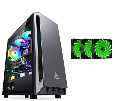 Computer Case Tempered Glass Mid-Tower ATX Case - Compatible With ATX Motherboard - High-Airflow - Cable Management System - USB 3.0 - Includes Green 15 Light Fan(Black,3 fans)