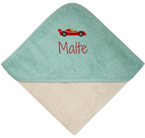 Wolimbo Kapuzenhandtuch personalisiert mit Namen und Motiv - Greige eisblau - 100x100cm - für Baby und Kinder Babyhandtuch/Kinderhandtuch/Badetuch