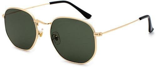 RUNHUIS Retro Polygon Sonnenbrille für Damen und Herren, Modische Quadratische Brille, Ultraleichter Metallrahmen (Gold/Dunkelgrün)