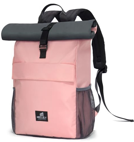 MOCLOLY Laptop Backpack Damen & Herren - Wasserdicht - Mit Laptopfach Klein Travel Rolltop Rucksack, Rosa Elegant Reiserucksack für Uni Business Arbeit City Reise