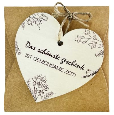 Gutschein Karte Holz, Herzförmige Geschenkkarte mit Umschlag - Das schönste Geschenk ist gemeinsame Zeit, Holzkarte Herzform zum selber beschriften Holz Grußkarte für Hochzeit Geburtstag Jahrestag