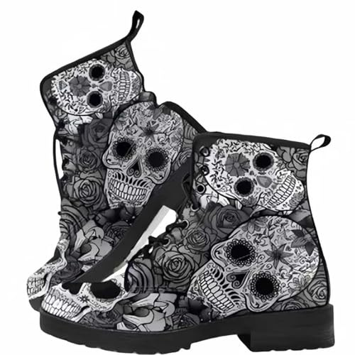 Ulalaza Women's Printed Short Boots Autumn and Winter Lace-up Combat Boots Ankle Boots Rose Skull Cartoon Pattern Gifts for Girls Women
