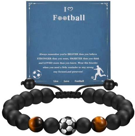 Fussball Geschenke Jungen Fussball Armband Geschenke Armband Junge 3D Naturstein Tigerauge Geburtstagsgeschenk für 5 6 7 8 9 10 11 12 Jahre (Verstellbarer Kordelzug)