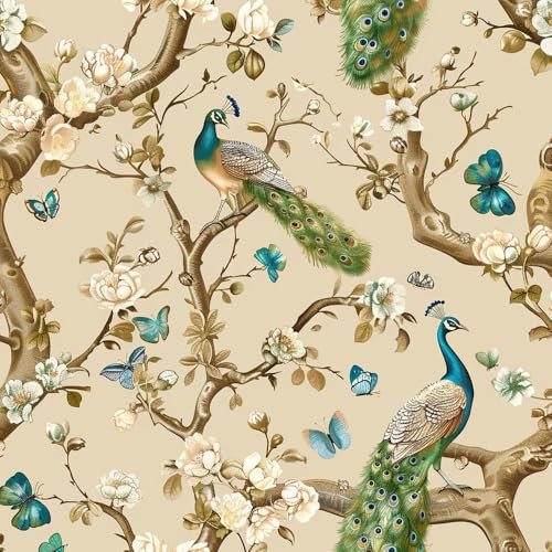 JIAOQSS Selbstklebende Tapete Vintage Blumen Pfau Oriental Mustertapete Muster Tapeten Klebetapete Vinyl Wrap Wandtapete Wohnzimmer Schlafzimmer Möbelfolie Bunt Wasserdicht Wallpaper