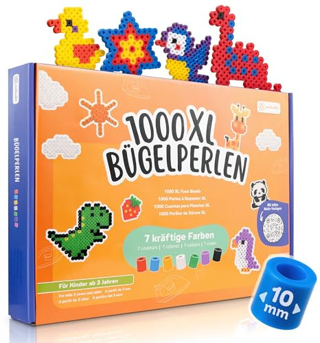 molinoRC Große Bügelperlen 10mm [1000 Stück] in 7 tollen KRÄFTIGEN Farben - mit 30+ VORLAGEN-Download - XL Bügelperlen - Steckperlen groß ab 3 Jahren für einfaches Bügeln & Basteln - Maxi Perlen