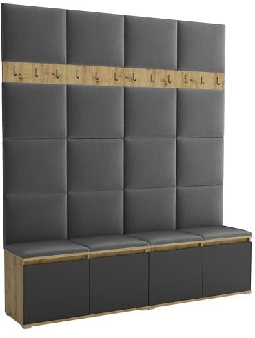 Brent - Garderobenschrank Flur Artisan Eiche Schwarz mit sitzbank 200 cm Breit Luton 2 - Multifunktionale Flurgarderobe Set mit Stauraum und Wandpaneel, Garderobe mit Sitzfläche und Kleiderhaken