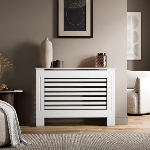 RADIANT LIVING Radiator Cover Horizontal Slat Design, Modern White MDF Radiator Cabinet for Living Room & Bedroom, Medium 112 x 81.5 x 19cm
