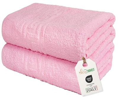 nice homeit Lot de 2 Grandes Serviettes de Bain 100 x 150 cm – Extra Large Serviette de Bain en 100% Coton Fil à Anneau – Extra Doux et Absorbant. Fabriqué en Italie – Rose