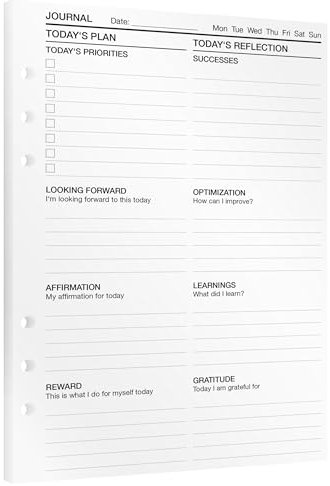 KOMPASS® Journal Inserts | A5 Planner Refills | 30 Pages for Mindfulness, Gratitude & Reflection | Daily To-Do-Planner, Bullet Journal, Goal Setting, Personal Growth | A5 Notebook