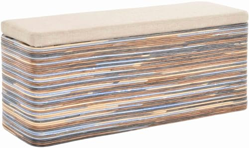 Krines Home Breiter Rattan Wäschekorb 115cm mit Deckel Wäschetruhe XXL Sitzbank schmal Flur Bank Sitzhocker Wäschesammler Sitz-Truhe Natur (Mehrfarbig gestäbt, Rechteckig)