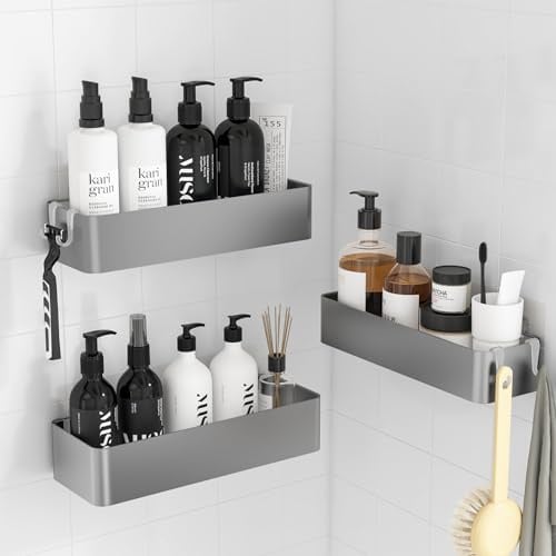 Kitsure Duschablage ohne Bohren - 3 Stück rostfreie Badezimmer Organizer, schnell trocknende Badregal ohne Bohren mit großer Kapazität, langlebige Shampoo Halterung für Duschel, Large, Silber
