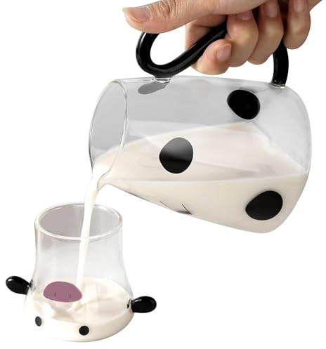 Cow Glass Water Pitcher - Clear Bedside Jug, Cow Carafe With Cup | Décorative Milk Glass Container, Novelty Tea Kettle Pitcher, Compact Water Vessel For Nightstand Drinks, Milk Tea, And Hot Beverages