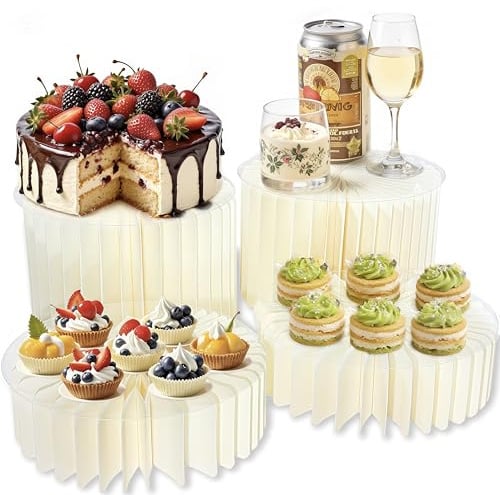 Tel Charme * Confezione da 4 alzate pieghevoli in cartone con 4 piatti rotondi in PVC, altezza 20 cm e 30 cm, alzate per esposizione di alimenti, per tavolo da dessert, buffet, cupcake, matrimoni