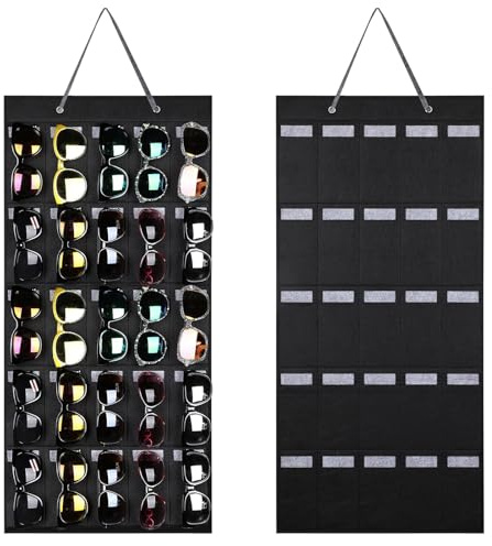 HNBTX Hanging Sunglasses Organiser,Wall Sunglasses Organizer,Glasses Organiser with 25 Pockets,Felt Wall Hanging Eyeglasses Eyewear Holder for Glasses Storage and Display（Black）
