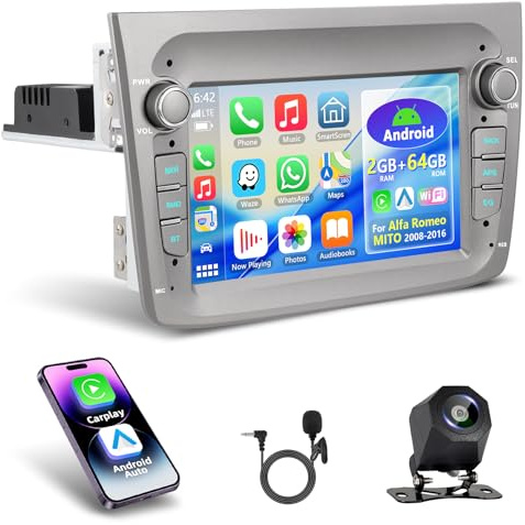 Motorsi 2GB+64BG Autoradio für Alfa Romeo Mito 2008-2016 Radio mit Wireless Carplay/Android Auto, 7 Zoll Bildschirm Car Stereo mit GPS Navi/WiFi/Bluetooth/RDS/FM/USB/SWC/Mirror Link/Canbus +Cam