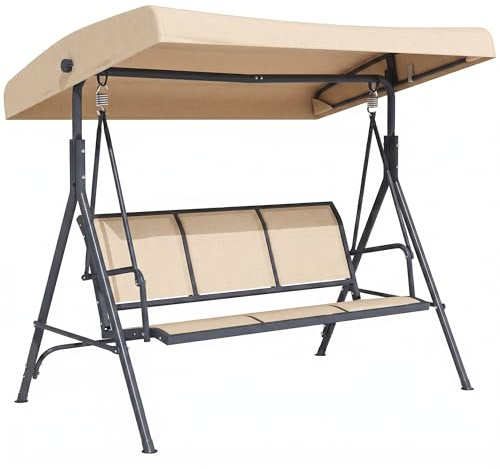 Outsunny Dondolo da Giardino 3 Posti con Tettuccio Parasole Regolabile, Dondolo da Esterno con Seduta Traspirante in Poliestere e Telaio in Acciaio, Portata 200 kg, Anti UV, 175x118x159 cm, Beige