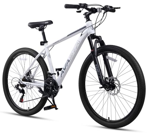 AVASTA 26-Zoll-Mountainbike für Männer und Frauen, Erwachsene, mit hochfestem Stahlrahmen und Doppelscheibenbremsen, Vorderradfederung, 21-Gang-Schaltung, weiß