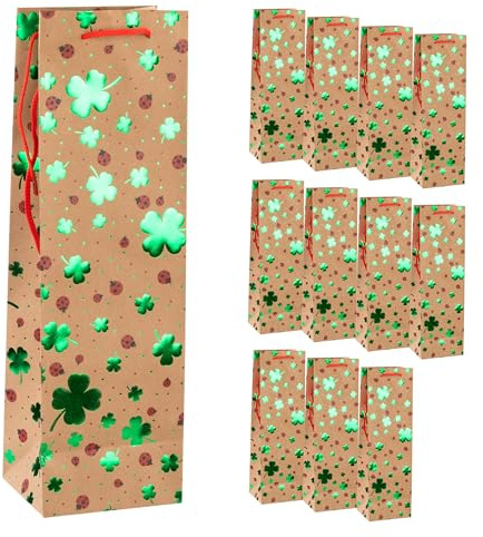 Idena 90534 - Flaschentaschen Kleeblätter, 12 Stück, Geschenktaschen in der Größe 12 x 10 x 35 cm, Papiertüten mit grünem Glanz-Effekt