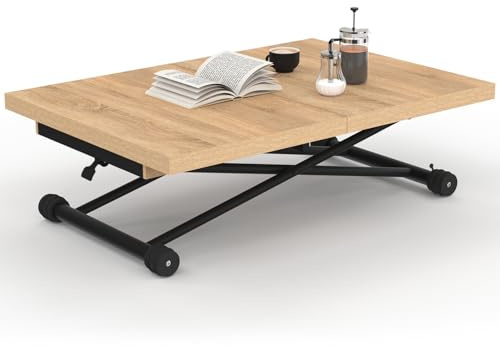 IDMarket - Mesa Baja Extensible y Abatible en Mesa de Comedor Rectangular ALTURA Madera y Negro Diseño Industrial