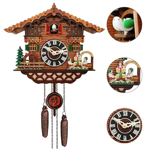 Clickovia Kuckucksuhr Handgefertigte Kuckucksuhr aus Holz mit funktionierenden Vogel Wanduhr mit Lautstärkeregler Traditionelle Antik Quarz Wanduhr Wohnzimmer Küche Cafe Büro Dekoration