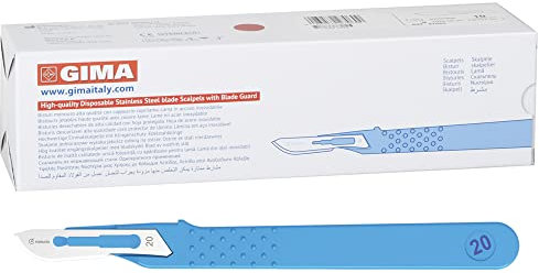 Gima - Bistouris en Acier Inoxydable, Manche en ABS, Stérile et Jetable, Standard, Taille n. 20, 10 scalpels emballés individuellement.