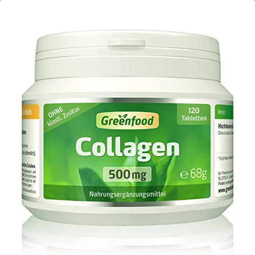 Collagen, hochdosiert, 500mg - 120 Tabletten. Natürlicher Collagen Komplex (Typ 1, Typ 2, Typ 3) mit Collagenhydrolysat - hohe Bioverfügbarkeit. OHNE künstliche Zusätze - laborgeprüft. Von Greenfood.