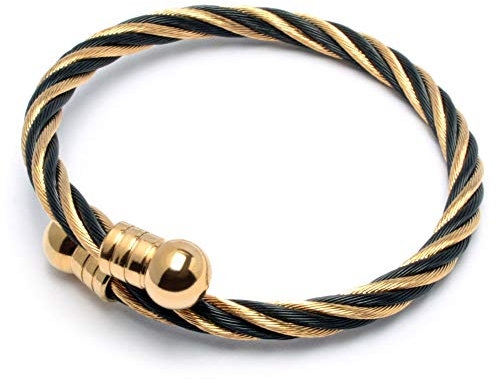 Schmuck-Checker Flexibler 316L Edelstahl Stahlseil Armreif silber schwarz gold roségold Damen Herren Geschenk Armspange hochwertiges Armband (Gold & Schwarz)
