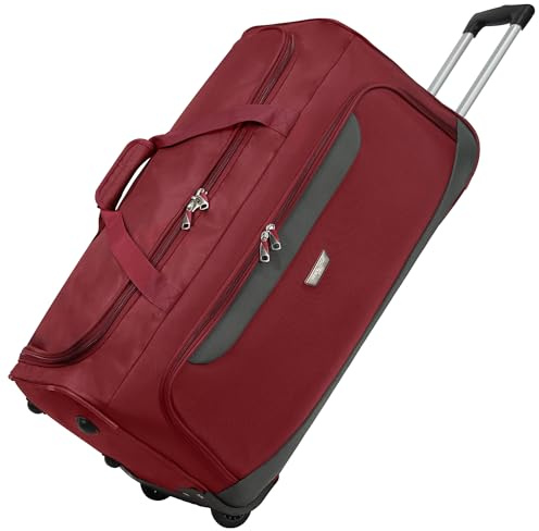Rocklands® Lightweight Wheeled Holdall Medium Duffle Trolley Suitcase Thick Heavy-Duty Cross Nylon EVA-Backed Front, Hard Base Travel Bag (Medium - 28 (H72xW37xD36 cm), Burgundy)