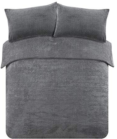 Brentfords Teddy Fleece Duvet Cover with Pillow Case Thermal Warm Soft Bedding Set, Charcoal Grey - Double