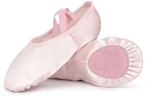 Soudittur Kinder Ballettschuhe Rosa Satin Geteilte Ledersohle Tanzschuhe Ballettschläppchen für Mädchen Damen in EU 25(Bitte wählen Sie eine Nummer größer)