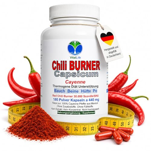 Red Chili F-BURNER 180 Kapseln Capsicum Cayenne Pfeffer natürliches CAPSAICIN für bewusste Ernährung, tägliche Diät Routine, locker sitzende Lieblingshosen. NATUR pur. OHNE ZUSATZSTOFFE. 26590-180